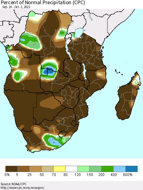 Southern Africa Percent of Normal Precipitation (CPC) Thematic Map For 9/26/2022 - 10/2/2022