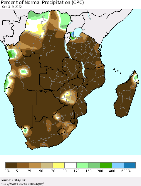 Southern Africa Percent of Normal Precipitation (CPC) Thematic Map For 10/3/2022 - 10/9/2022