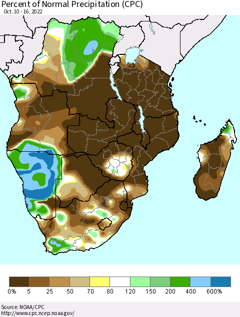 Southern Africa Percent of Normal Precipitation (CPC) Thematic Map For 10/10/2022 - 10/16/2022