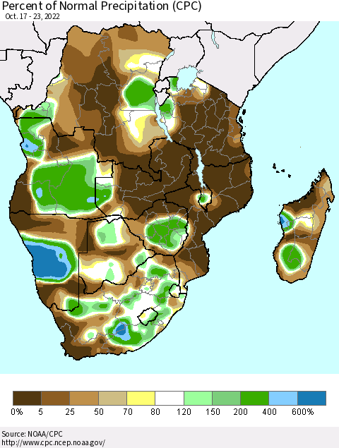 Southern Africa Percent of Normal Precipitation (CPC) Thematic Map For 10/17/2022 - 10/23/2022