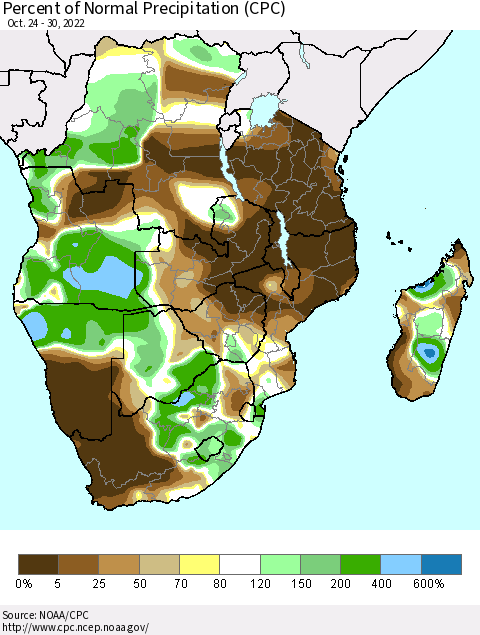 Southern Africa Percent of Normal Precipitation (CPC) Thematic Map For 10/24/2022 - 10/30/2022