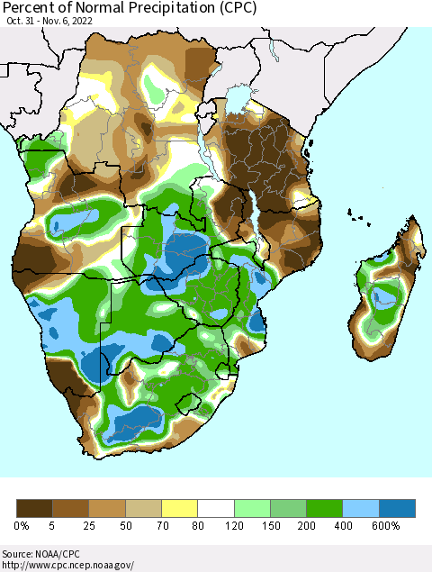 Southern Africa Percent of Normal Precipitation (CPC) Thematic Map For 10/31/2022 - 11/6/2022