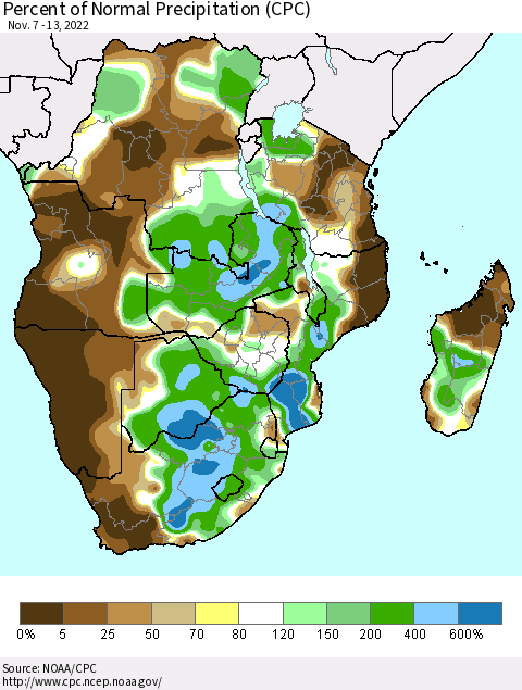 Southern Africa Percent of Normal Precipitation (CPC) Thematic Map For 11/7/2022 - 11/13/2022