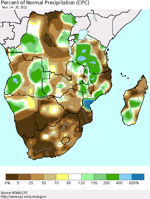 Southern Africa Percent of Normal Precipitation (CPC) Thematic Map For 11/14/2022 - 11/20/2022
