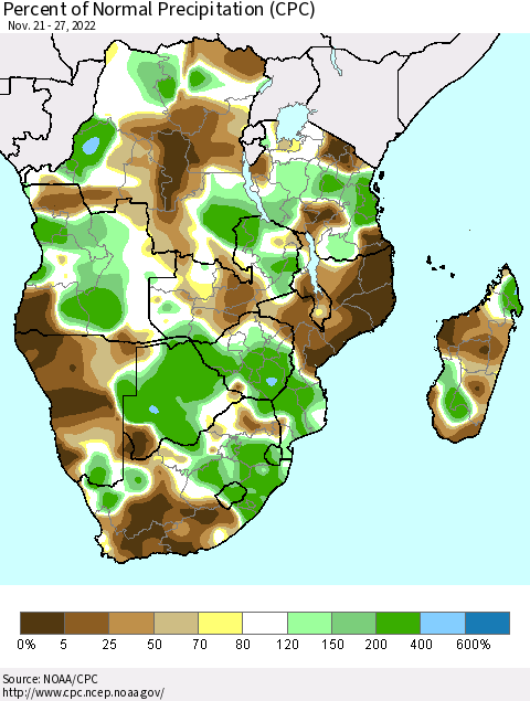 Southern Africa Percent of Normal Precipitation (CPC) Thematic Map For 11/21/2022 - 11/27/2022