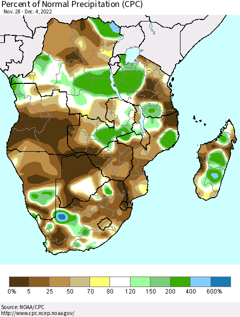 Southern Africa Percent of Normal Precipitation (CPC) Thematic Map For 11/28/2022 - 12/4/2022