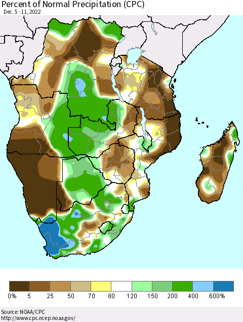 Southern Africa Percent of Normal Precipitation (CPC) Thematic Map For 12/5/2022 - 12/11/2022