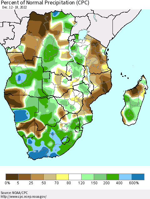 Southern Africa Percent of Normal Precipitation (CPC) Thematic Map For 12/12/2022 - 12/18/2022