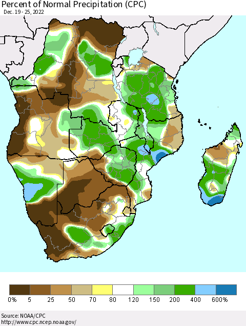 Southern Africa Percent of Normal Precipitation (CPC) Thematic Map For 12/19/2022 - 12/25/2022