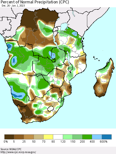 Southern Africa Percent of Normal Precipitation (CPC) Thematic Map For 12/26/2022 - 1/1/2023