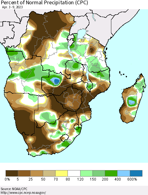 Southern Africa Percent of Normal Precipitation (CPC) Thematic Map For 4/3/2023 - 4/9/2023