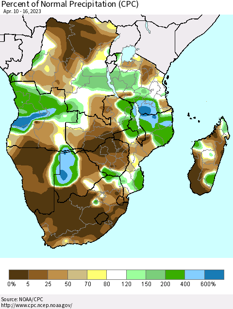 Southern Africa Percent of Normal Precipitation (CPC) Thematic Map For 4/10/2023 - 4/16/2023