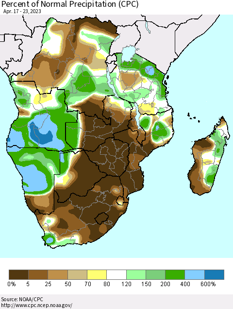Southern Africa Percent of Normal Precipitation (CPC) Thematic Map For 4/17/2023 - 4/23/2023