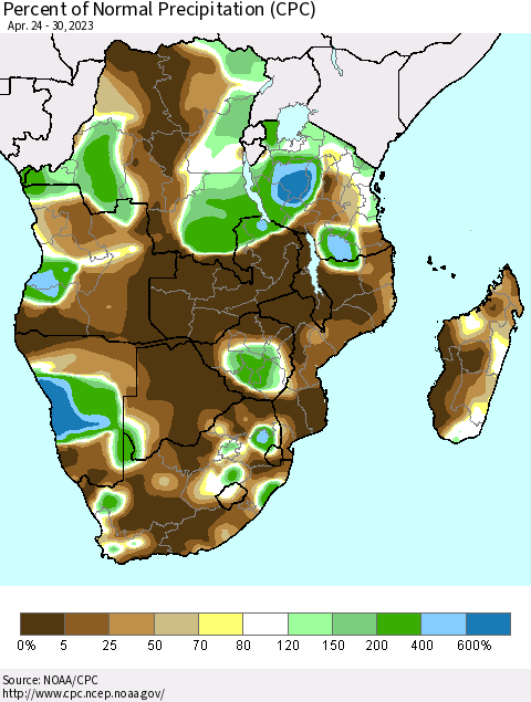Southern Africa Percent of Normal Precipitation (CPC) Thematic Map For 4/24/2023 - 4/30/2023