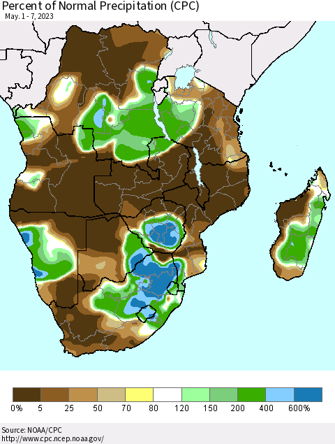 Southern Africa Percent of Normal Precipitation (CPC) Thematic Map For 5/1/2023 - 5/7/2023