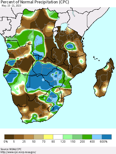 Southern Africa Percent of Normal Precipitation (CPC) Thematic Map For 5/15/2023 - 5/21/2023
