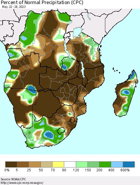 Southern Africa Percent of Normal Precipitation (CPC) Thematic Map For 5/22/2023 - 5/28/2023