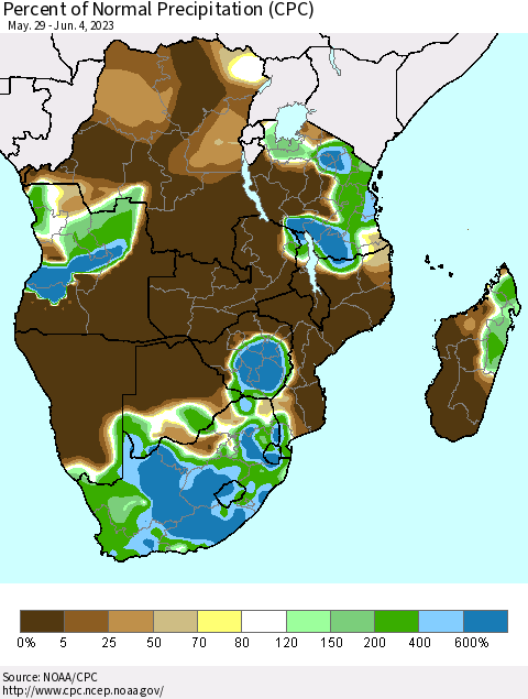 Southern Africa Percent of Normal Precipitation (CPC) Thematic Map For 5/29/2023 - 6/4/2023