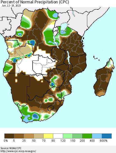 Southern Africa Percent of Normal Precipitation (CPC) Thematic Map For 6/12/2023 - 6/18/2023