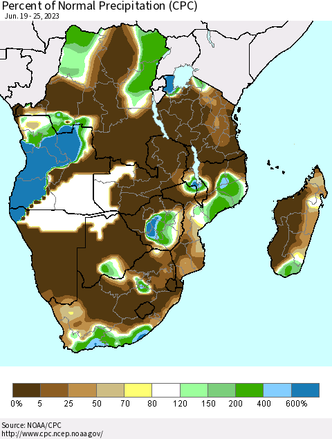Southern Africa Percent of Normal Precipitation (CPC) Thematic Map For 6/19/2023 - 6/25/2023