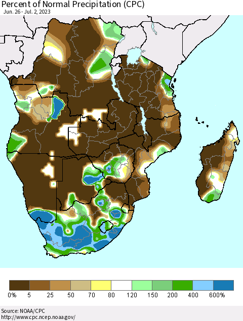 Southern Africa Percent of Normal Precipitation (CPC) Thematic Map For 6/26/2023 - 7/2/2023