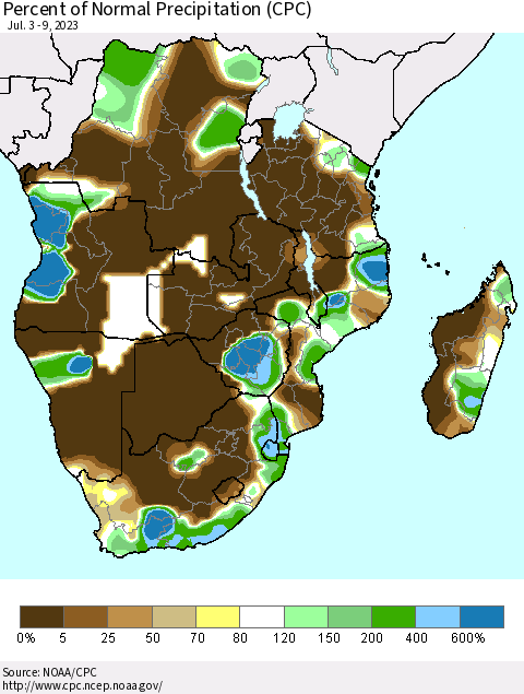 Southern Africa Percent of Normal Precipitation (CPC) Thematic Map For 7/3/2023 - 7/9/2023
