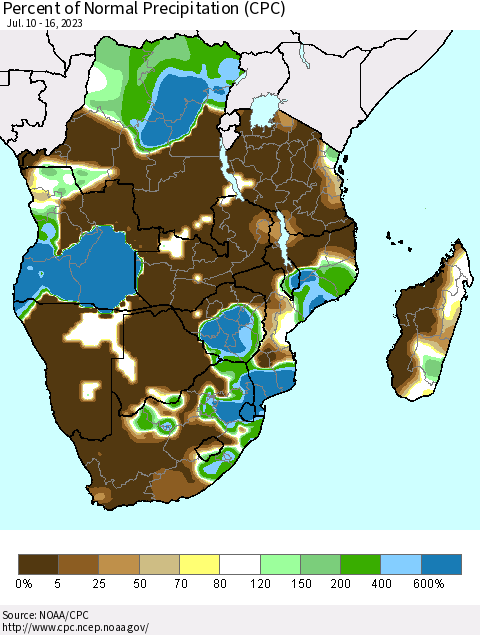 Southern Africa Percent of Normal Precipitation (CPC) Thematic Map For 7/10/2023 - 7/16/2023
