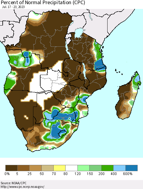Southern Africa Percent of Normal Precipitation (CPC) Thematic Map For 7/17/2023 - 7/23/2023