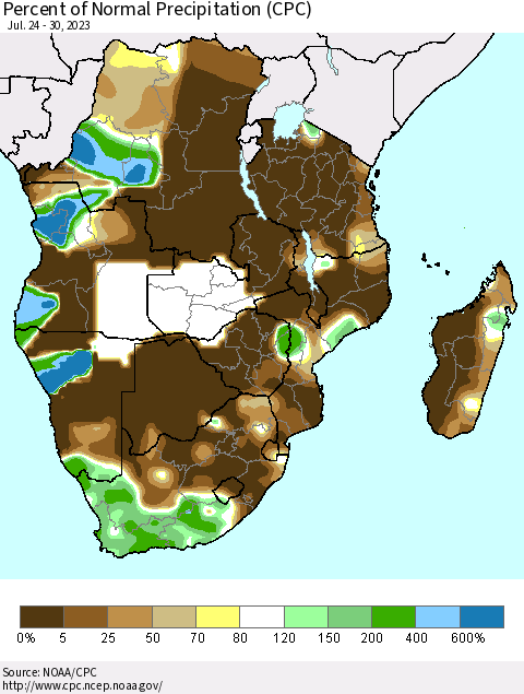 Southern Africa Percent of Normal Precipitation (CPC) Thematic Map For 7/24/2023 - 7/30/2023