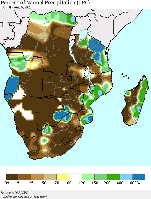 Southern Africa Percent of Normal Precipitation (CPC) Thematic Map For 7/31/2023 - 8/6/2023