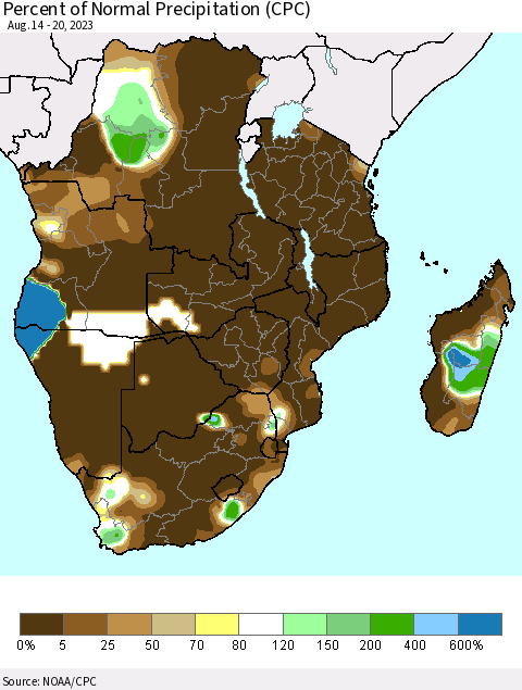 Southern Africa Percent of Normal Precipitation (CPC) Thematic Map For 8/14/2023 - 8/20/2023