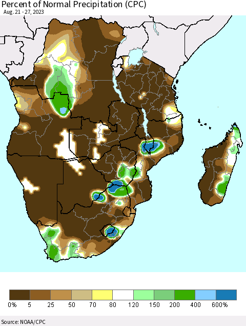 Southern Africa Percent of Normal Precipitation (CPC) Thematic Map For 8/21/2023 - 8/27/2023