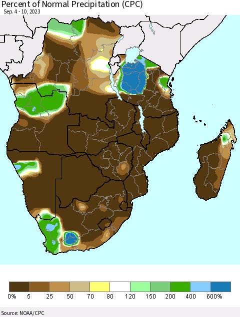 Southern Africa Percent of Normal Precipitation (CPC) Thematic Map For 9/4/2023 - 9/10/2023