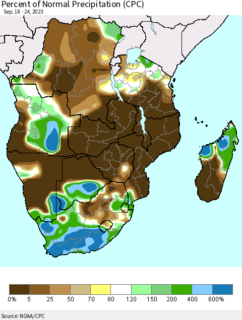 Southern Africa Percent of Normal Precipitation (CPC) Thematic Map For 9/18/2023 - 9/24/2023