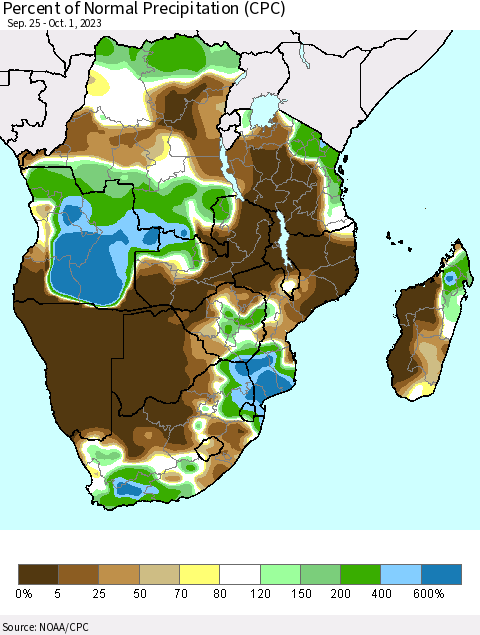 Southern Africa Percent of Normal Precipitation (CPC) Thematic Map For 9/25/2023 - 10/1/2023