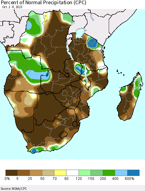 Southern Africa Percent of Normal Precipitation (CPC) Thematic Map For 10/2/2023 - 10/8/2023