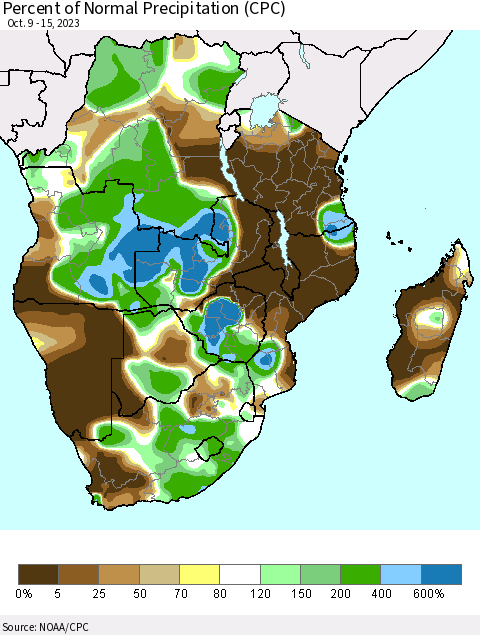 Southern Africa Percent of Normal Precipitation (CPC) Thematic Map For 10/9/2023 - 10/15/2023