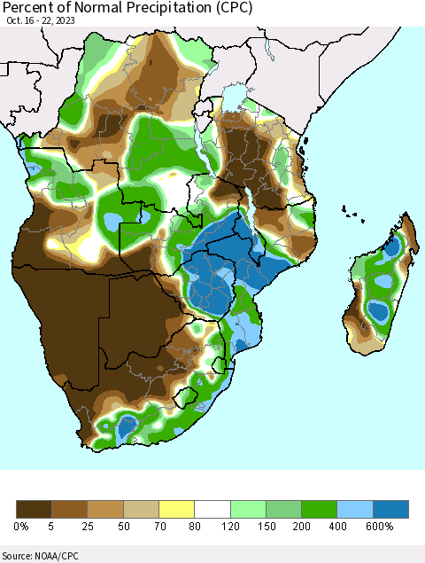 Southern Africa Percent of Normal Precipitation (CPC) Thematic Map For 10/16/2023 - 10/22/2023