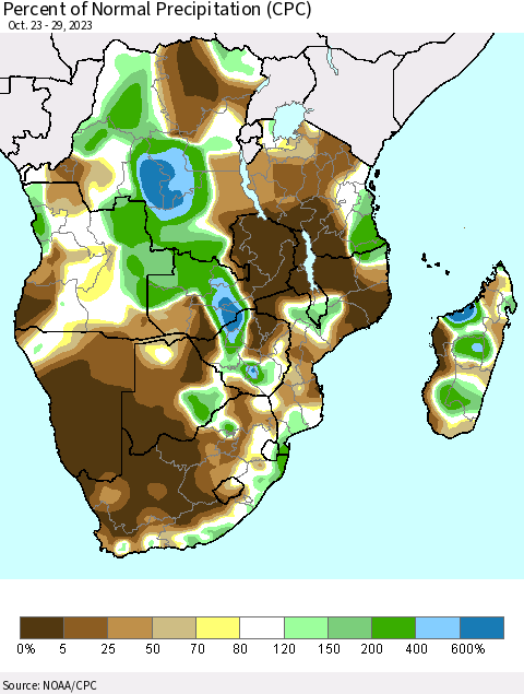 Southern Africa Percent of Normal Precipitation (CPC) Thematic Map For 10/23/2023 - 10/29/2023