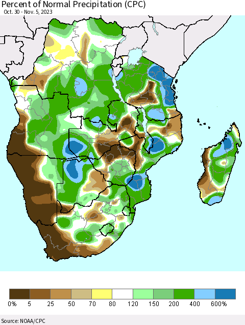 Southern Africa Percent of Normal Precipitation (CPC) Thematic Map For 10/30/2023 - 11/5/2023