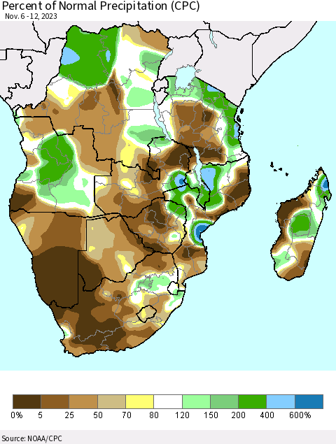 Southern Africa Percent of Normal Precipitation (CPC) Thematic Map For 11/6/2023 - 11/12/2023