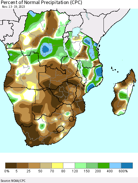 Southern Africa Percent of Normal Precipitation (CPC) Thematic Map For 11/13/2023 - 11/19/2023