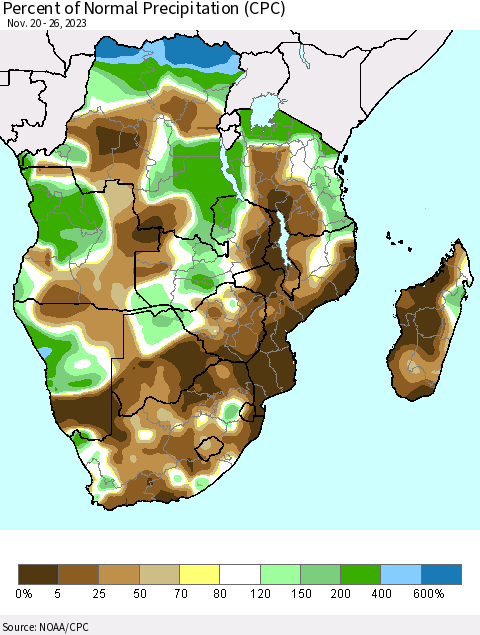 Southern Africa Percent of Normal Precipitation (CPC) Thematic Map For 11/20/2023 - 11/26/2023