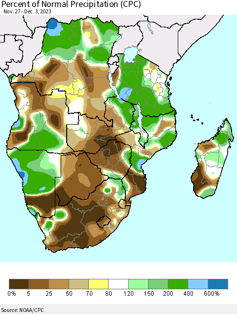 Southern Africa Percent of Normal Precipitation (CPC) Thematic Map For 11/27/2023 - 12/3/2023
