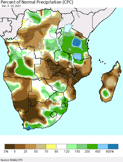 Southern Africa Percent of Normal Precipitation (CPC) Thematic Map For 12/4/2023 - 12/10/2023