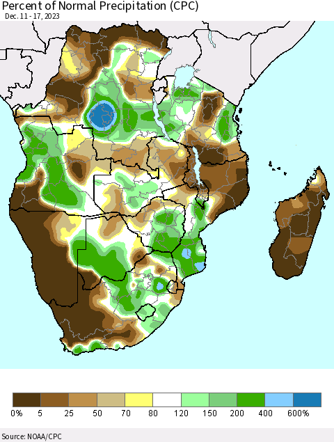 Southern Africa Percent of Normal Precipitation (CPC) Thematic Map For 12/11/2023 - 12/17/2023