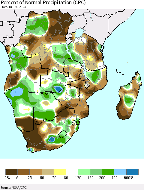 Southern Africa Percent of Normal Precipitation (CPC) Thematic Map For 12/18/2023 - 12/24/2023