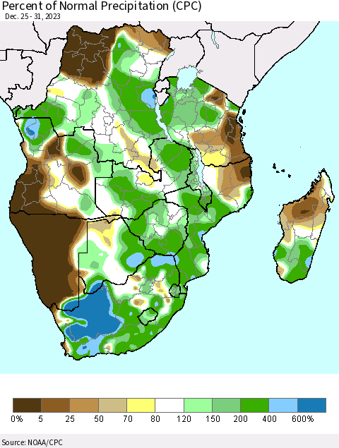 Southern Africa Percent of Normal Precipitation (CPC) Thematic Map For 12/25/2023 - 12/31/2023