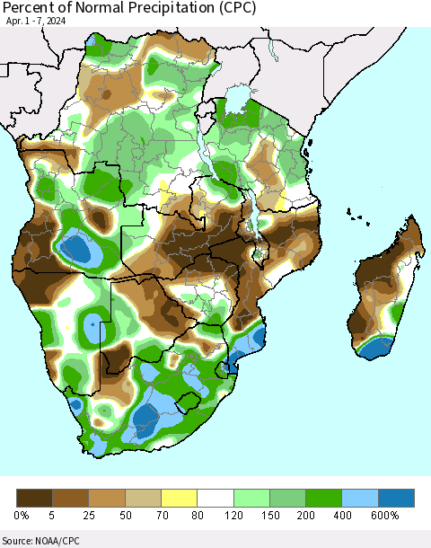 Southern Africa Percent of Normal Precipitation (CPC) Thematic Map For 4/1/2024 - 4/7/2024