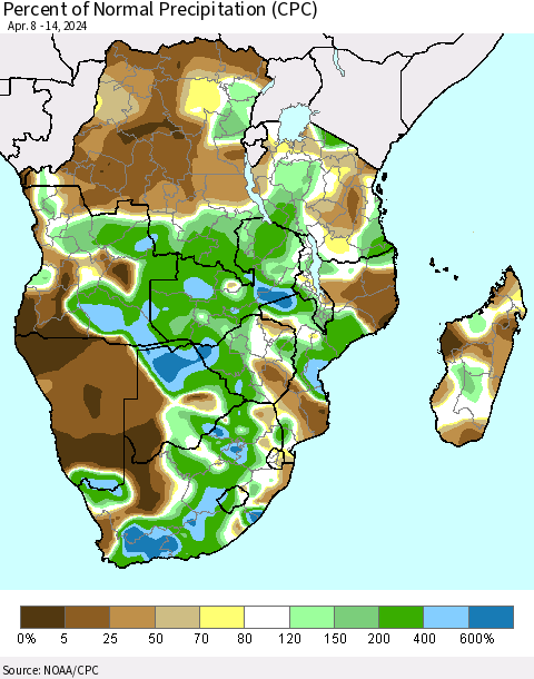 Southern Africa Percent of Normal Precipitation (CPC) Thematic Map For 4/8/2024 - 4/14/2024